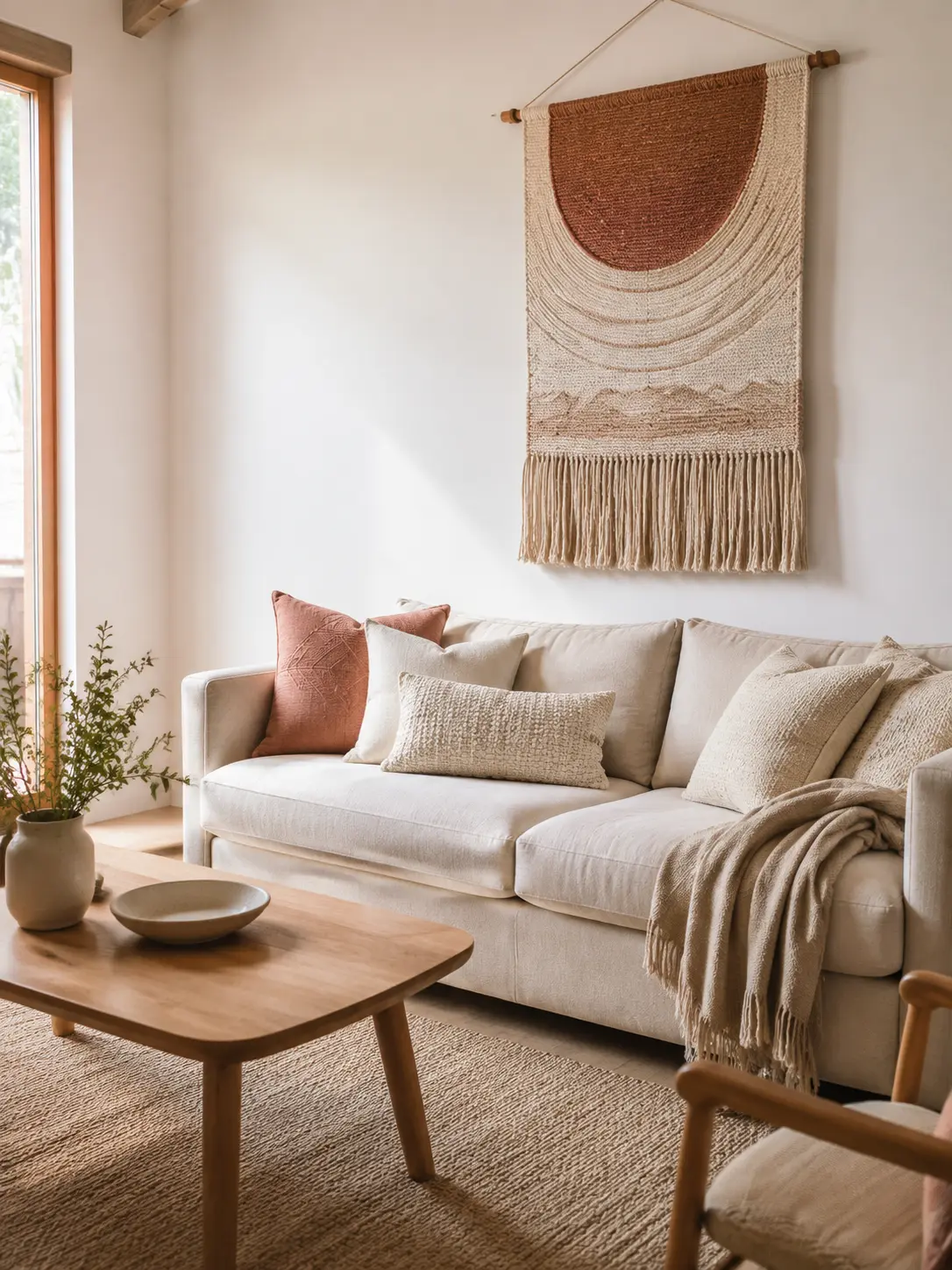 Woven wall hanging above a warm neutral living room sofa