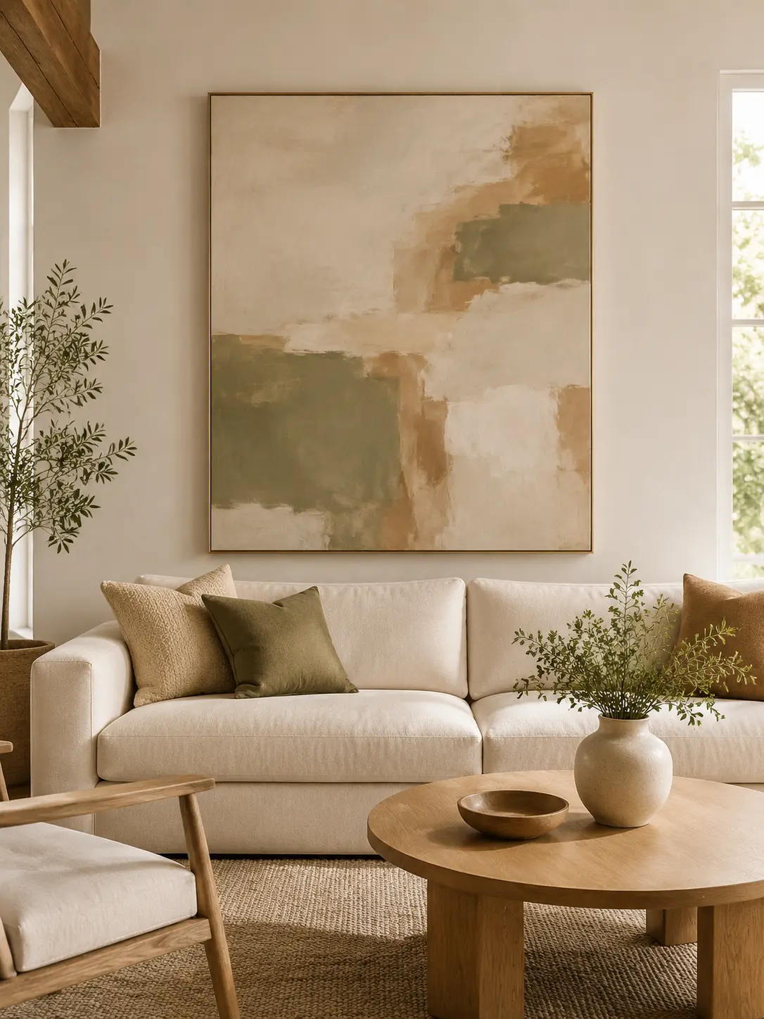 Large abstract statement art above a cream living room sofa