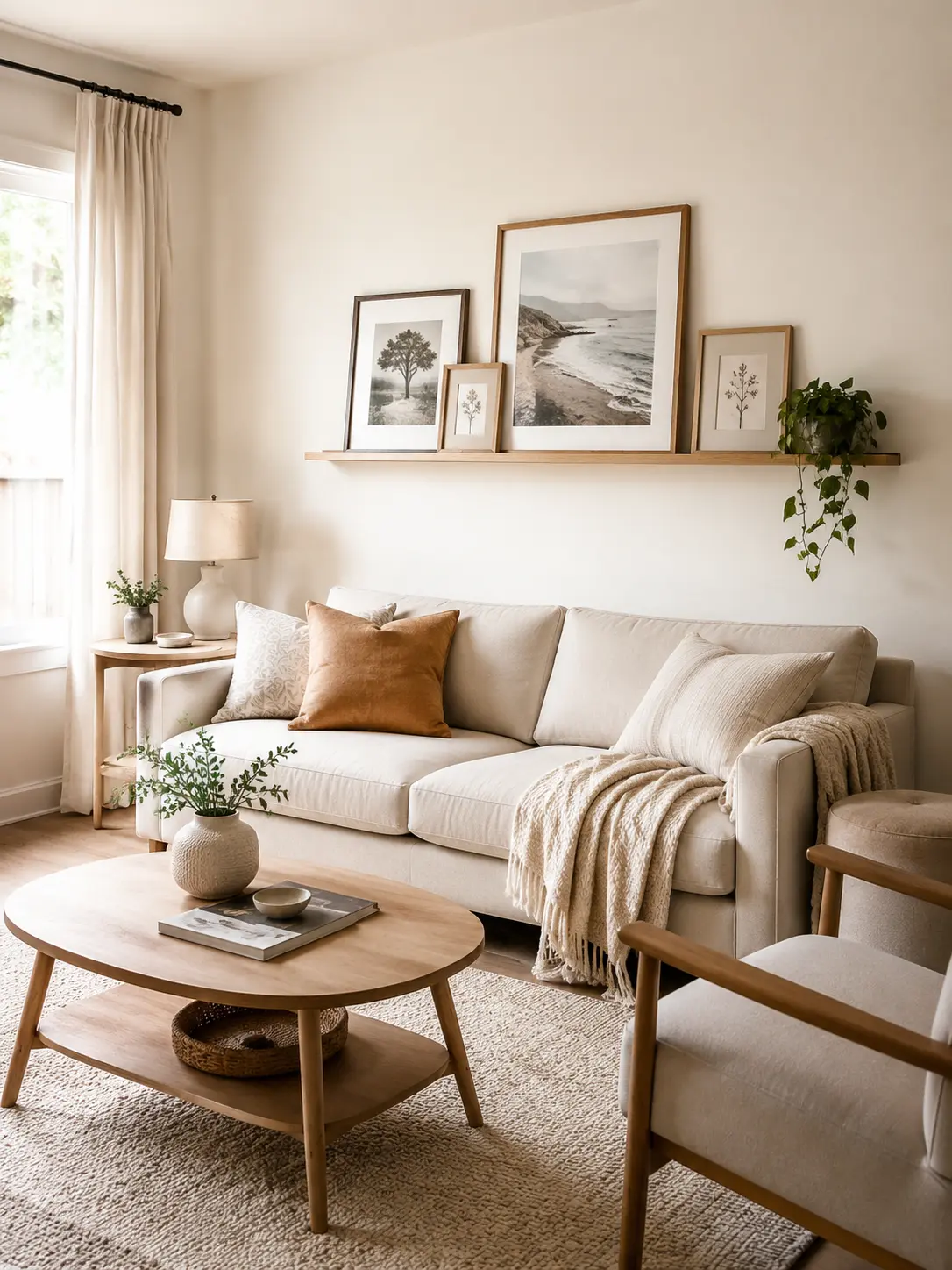Living room picture ledge with layered framed artwork