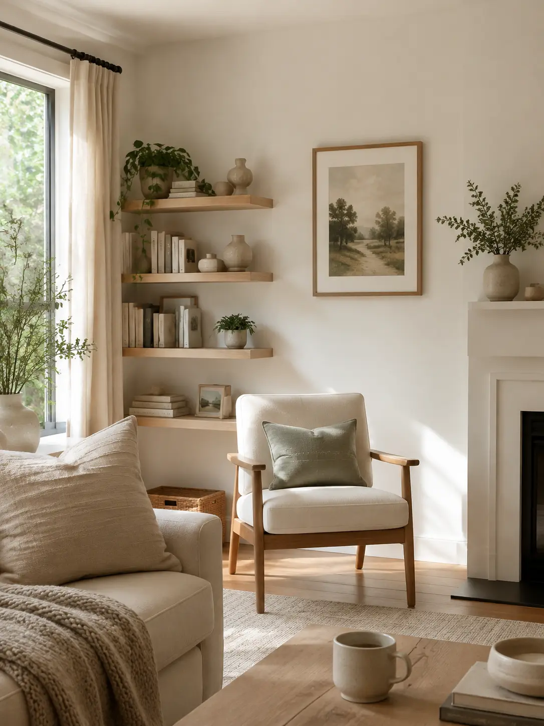 Living room reading corner with wall-mounted bookshelves
