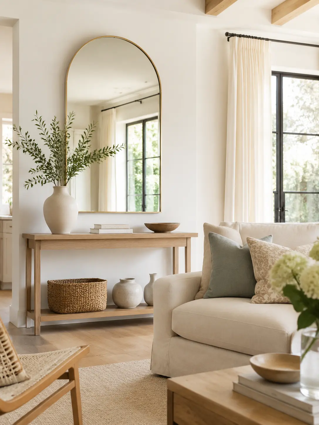 Arched wall mirror above a light wood console in a living room