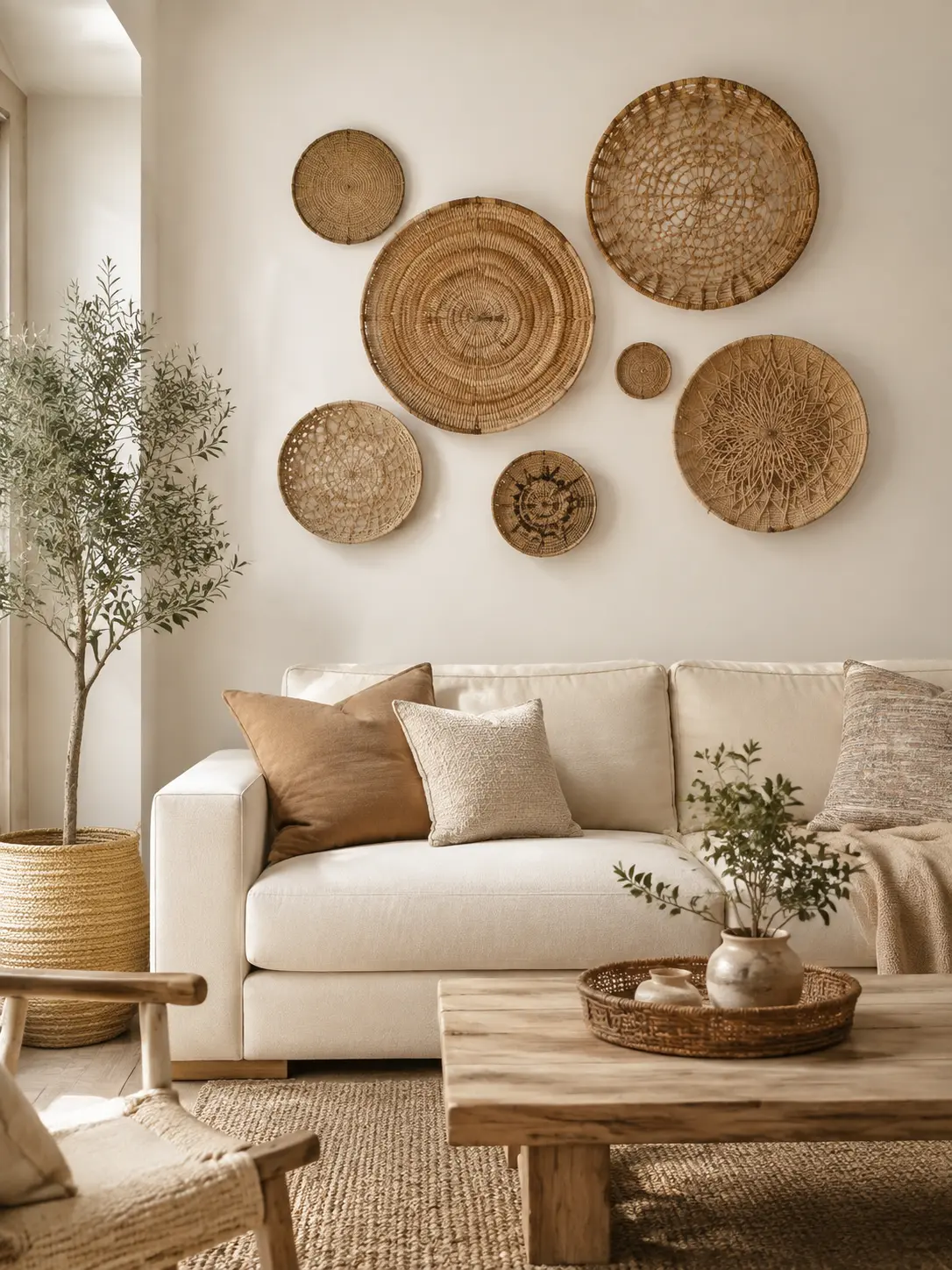 Natural woven basket wall decor above a cream sofa
