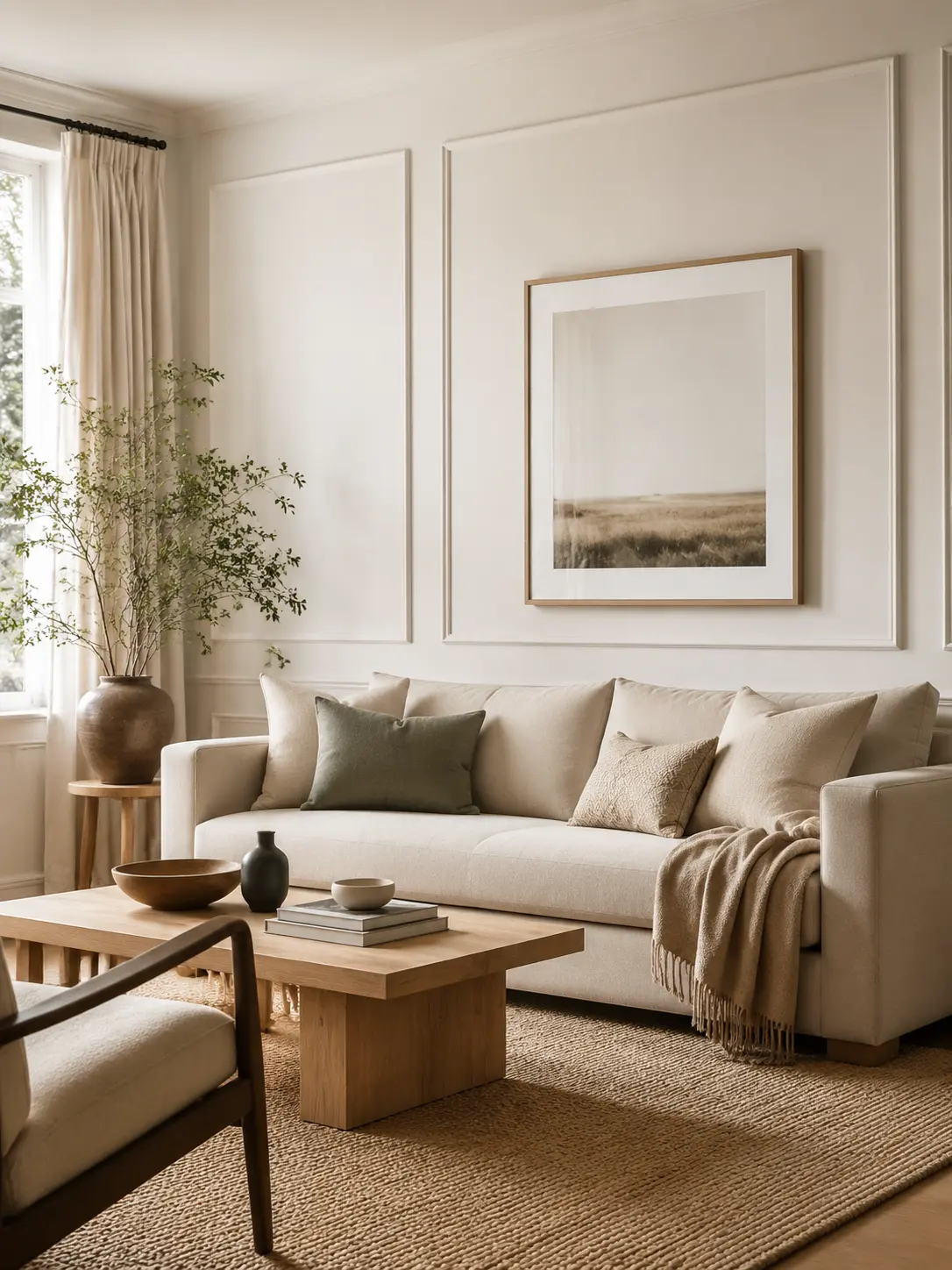 Decorative wall molding behind a neutral living room sofa