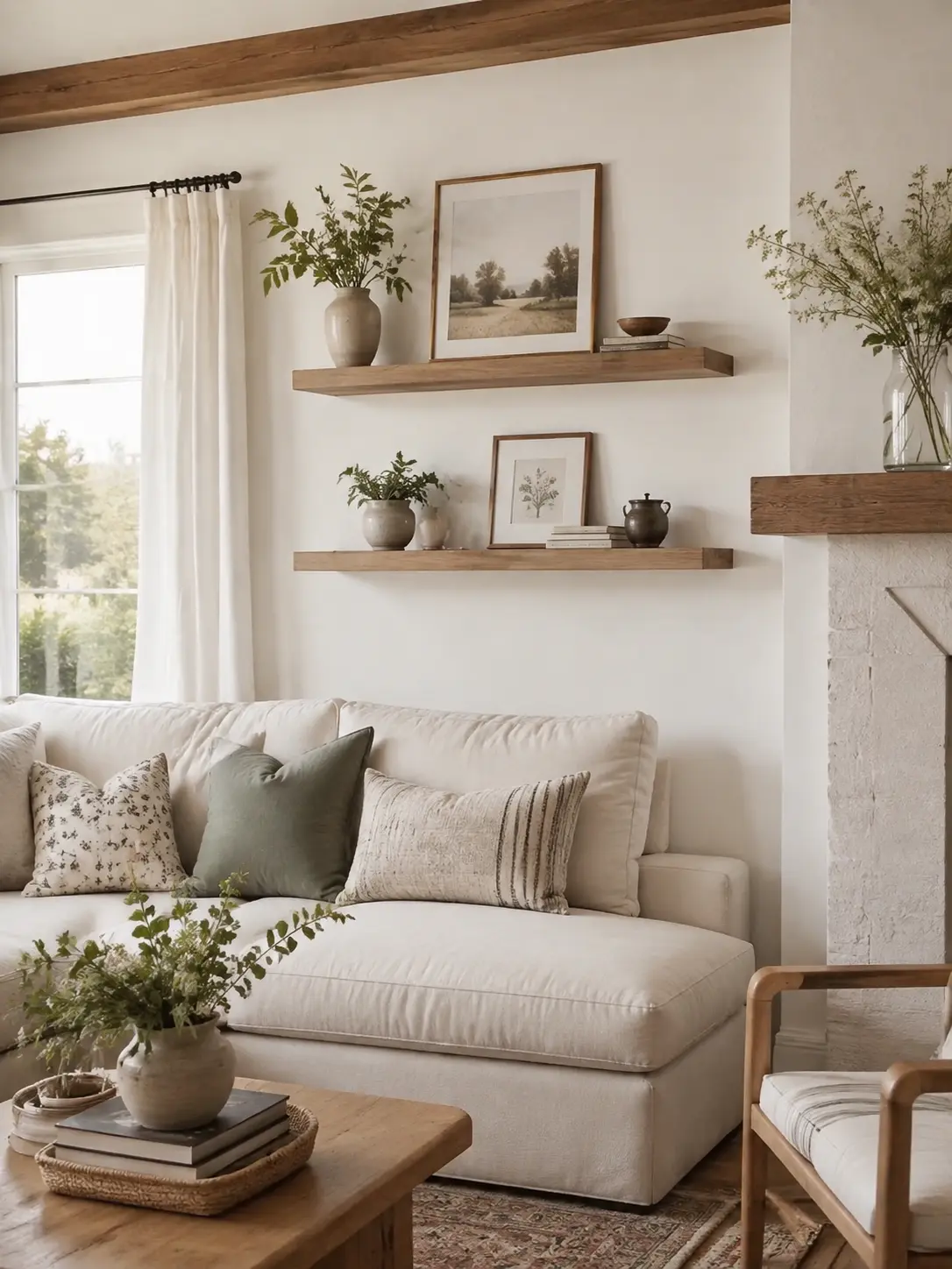 Floating wood shelves with simple living room wall decor