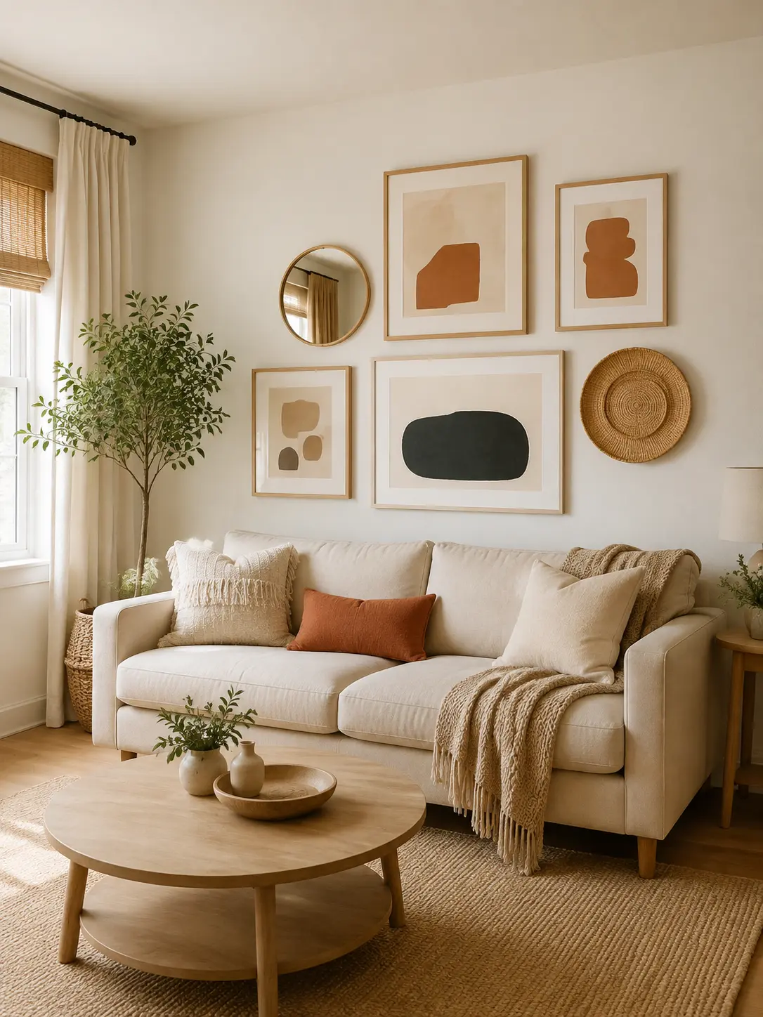 Cozy living room gallery wall with neutral framed art