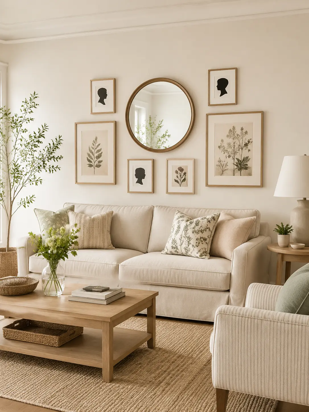 Living room gallery wall with botanical prints and a round mirror