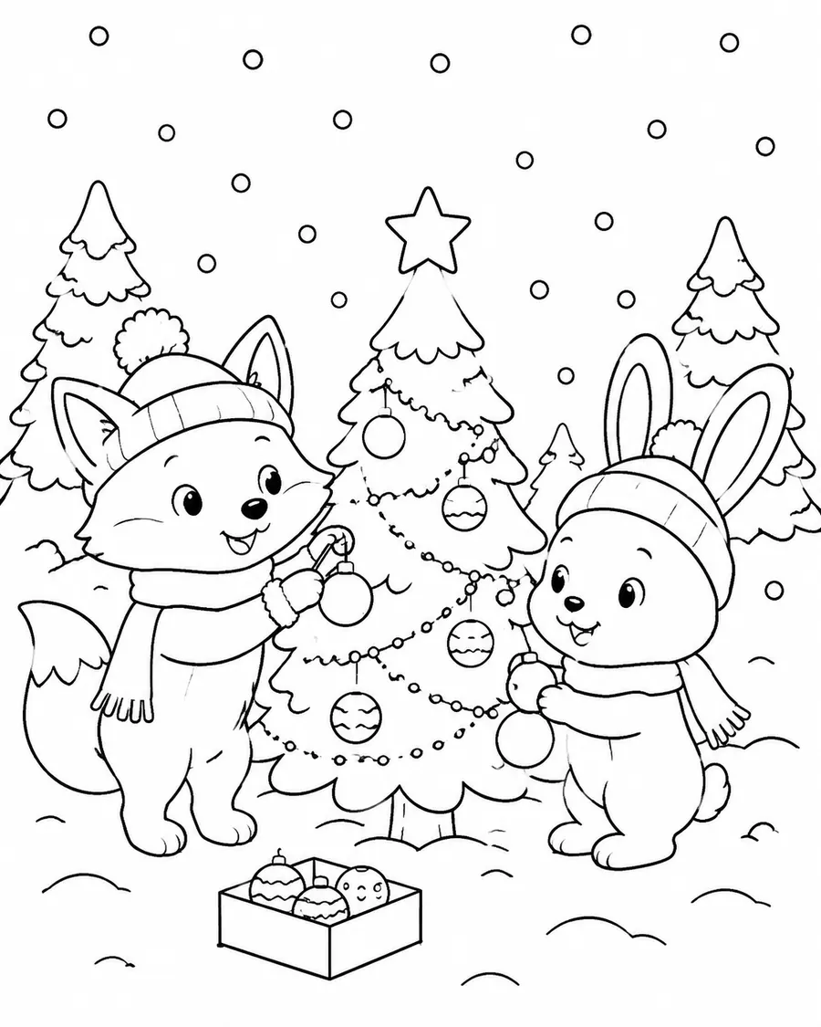 Fox and Rabbit Decorate the Tree Christmas coloring page for kids