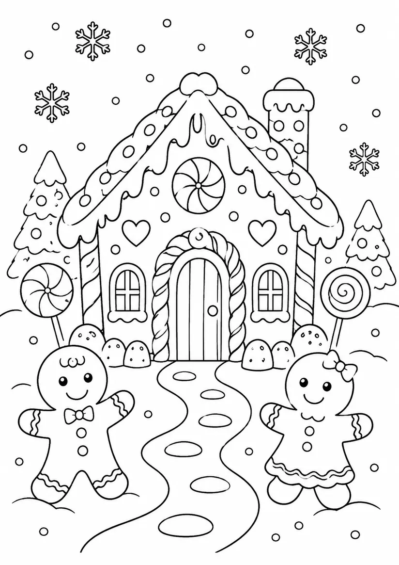 Gingerbread Friends Christmas coloring page for kids