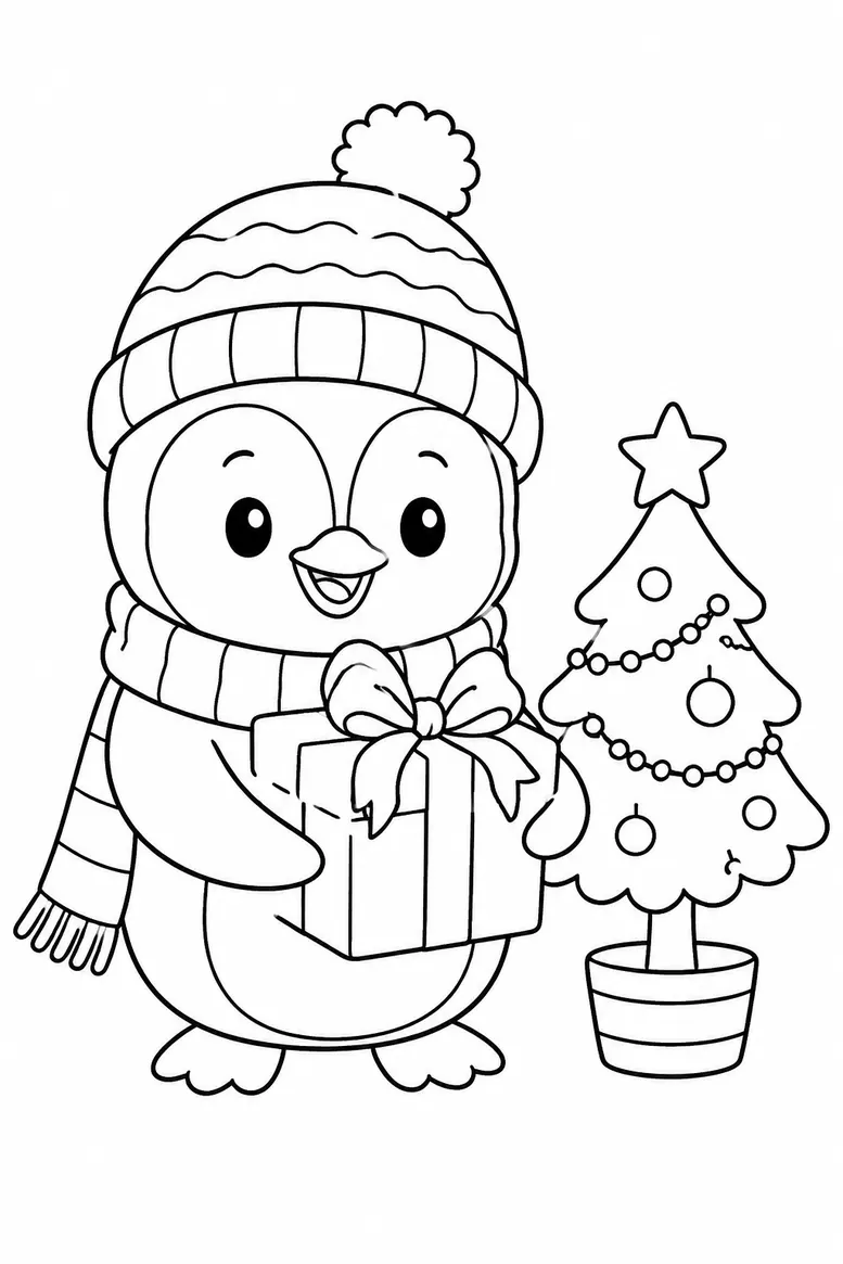 Penguin with a Present Christmas coloring page for kids