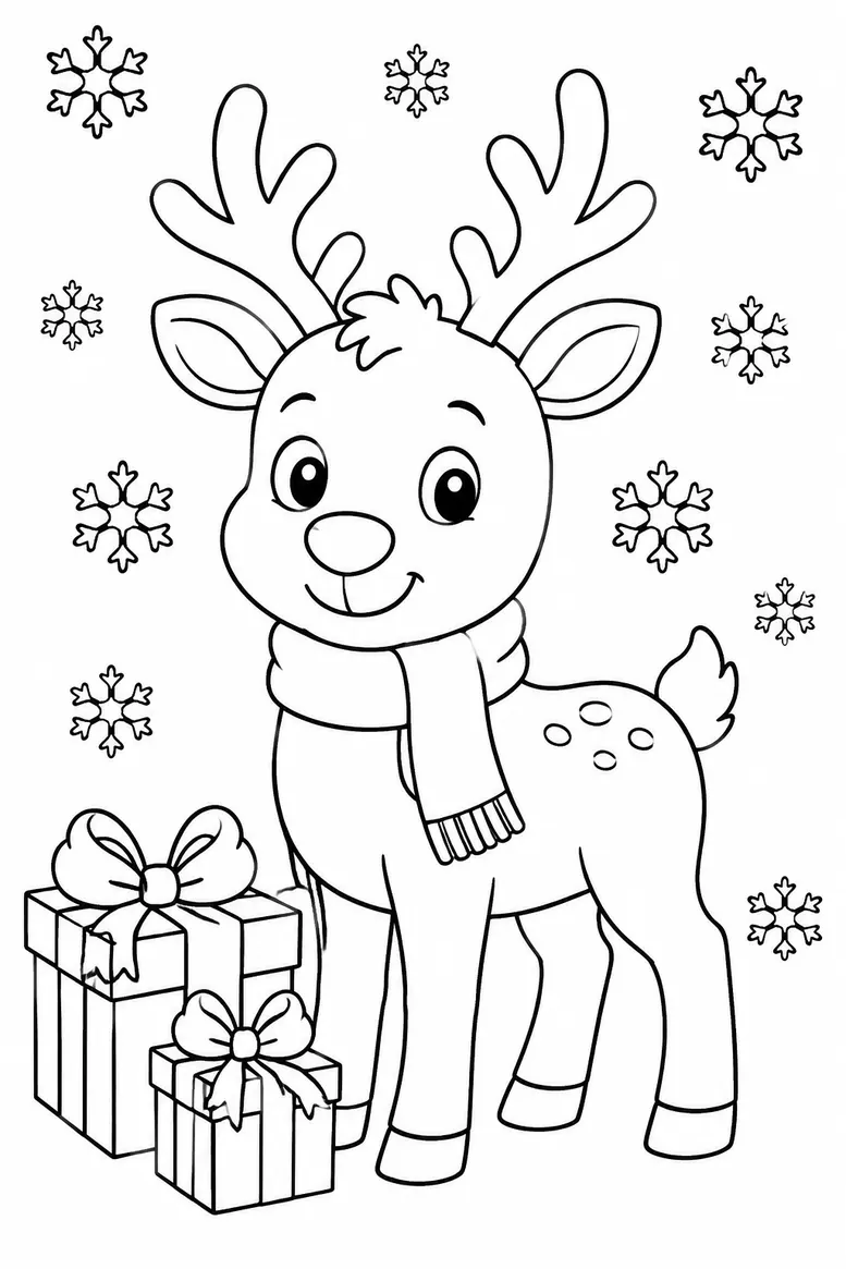 Reindeer with Gifts Christmas coloring page for kids