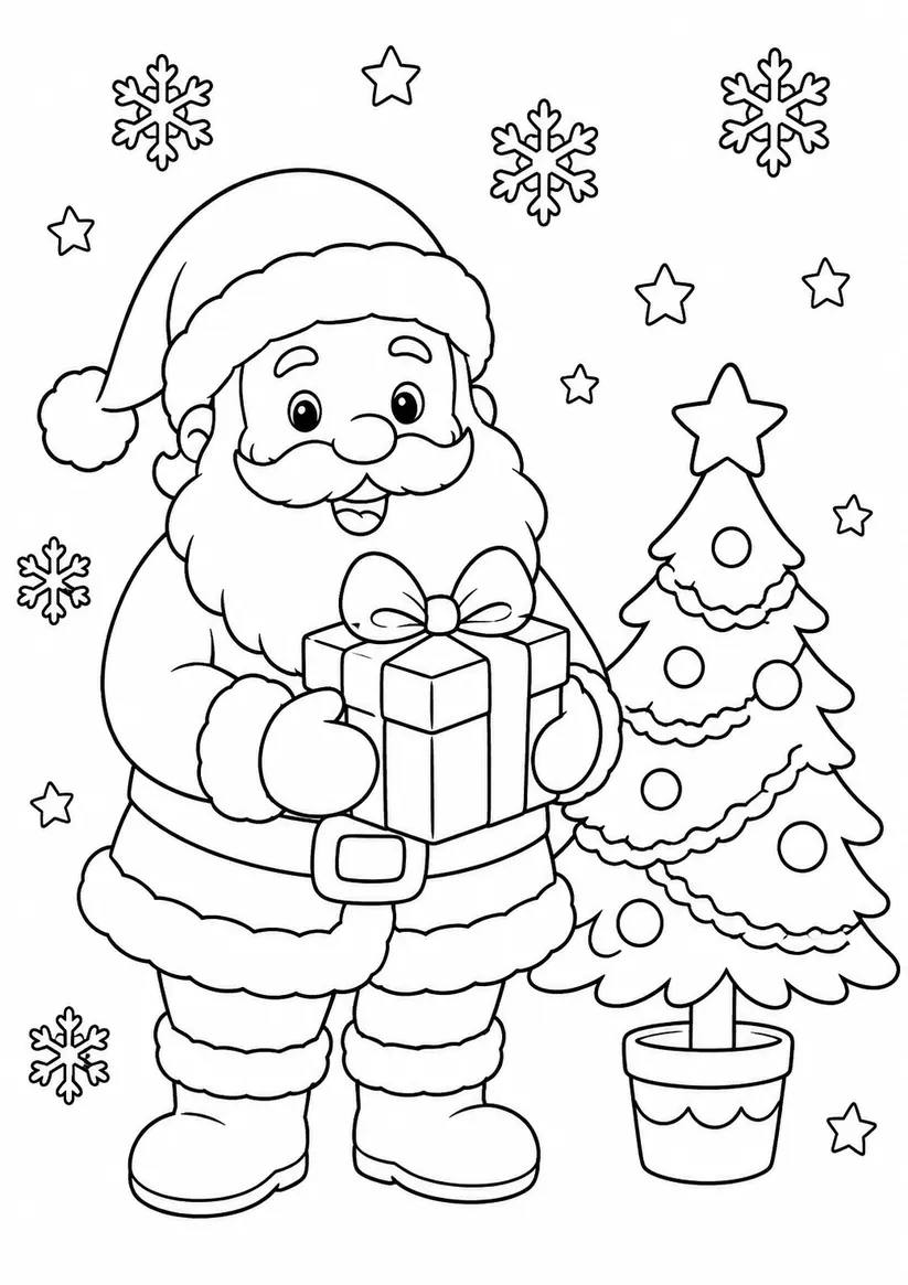 Santa's Gift by the Christmas Tree Christmas coloring page for kids
