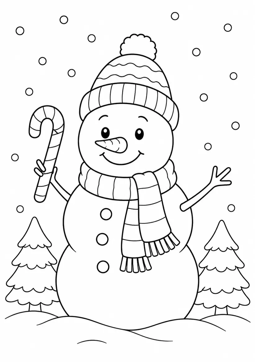Snowman with a Candy Cane Christmas coloring page for kids