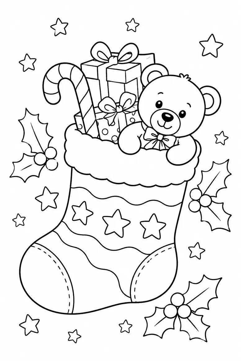 Christmas Stocking with a Teddy Christmas coloring page for kids