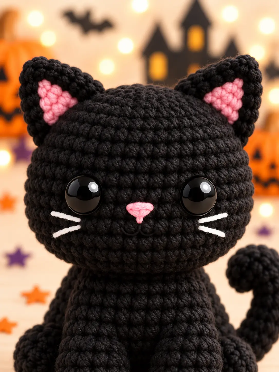 Close-up of Salem crochet cat face with glossy black eyes, pink nose, pink inner ears, a small smile and white whiskers