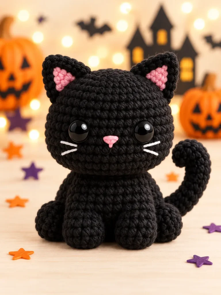 Salem Black Cat Buddy amigurumi with a round head, pink inner ears, four black paws, white whiskers and a curled tail