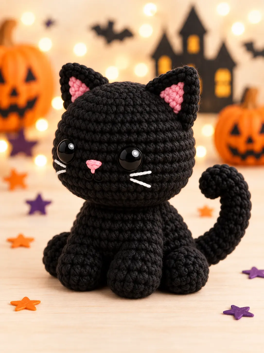 Three-quarter view of Salem Black Cat Buddy showing the compact body, rounded paws and thick curled crochet tail