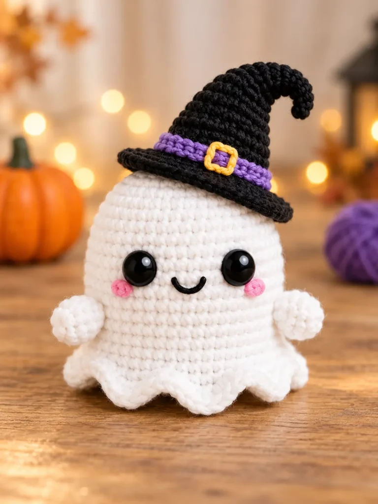 White crochet ghost amigurumi wearing a black witch hat with a purple band and yellow buckle.