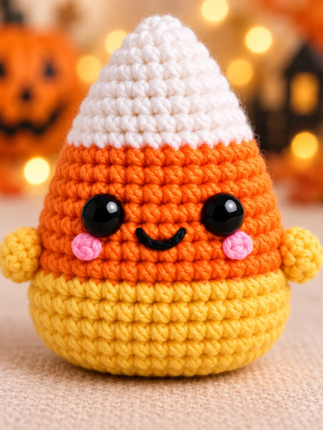 Close-up of Cora crochet candy corn face with black eyes, a curved smile and pink spiral cheeks
