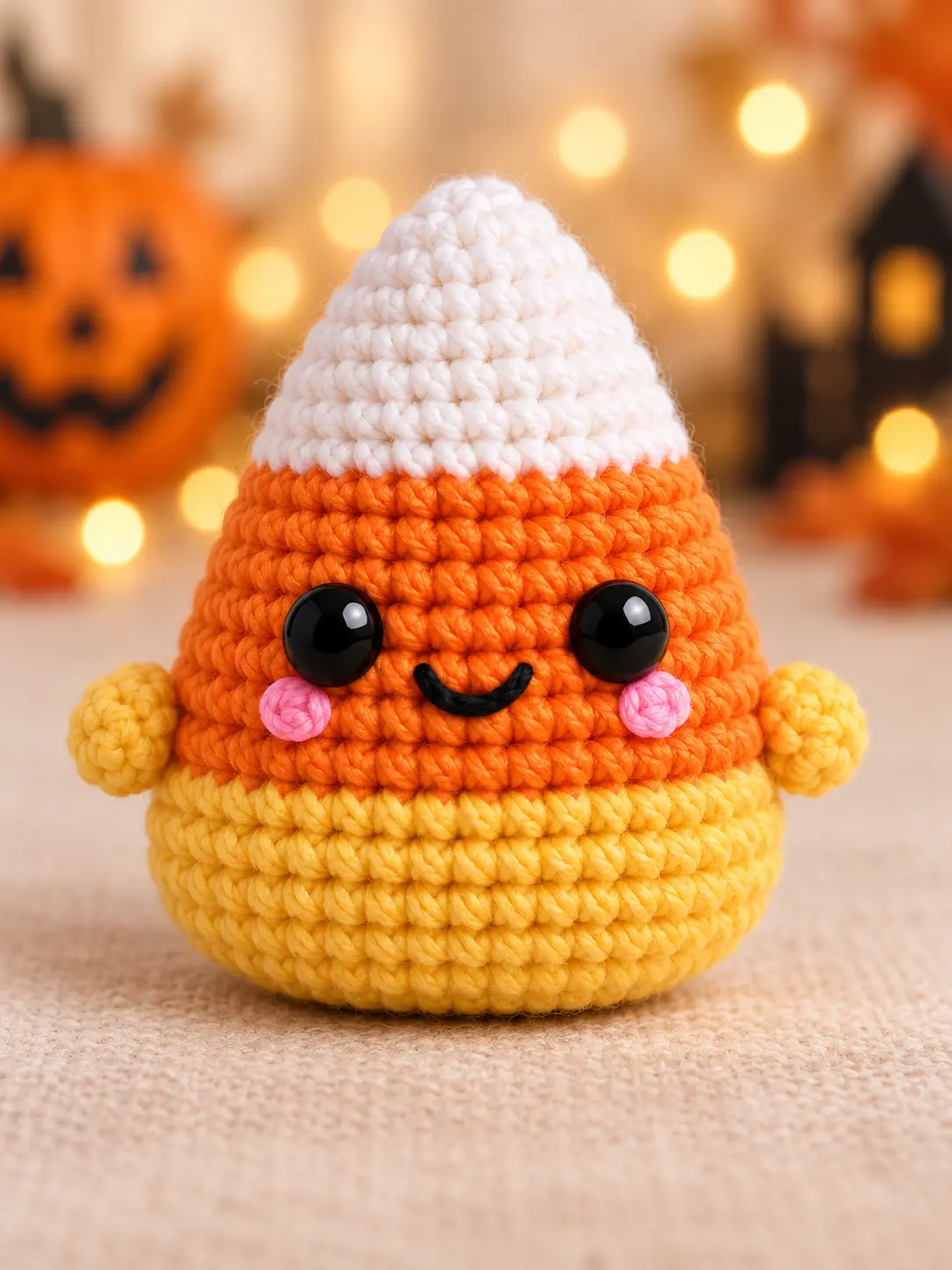 Cora Candy Corn Pal amigurumi with a white top, orange middle, yellow base, pink cheeks and small yellow arms