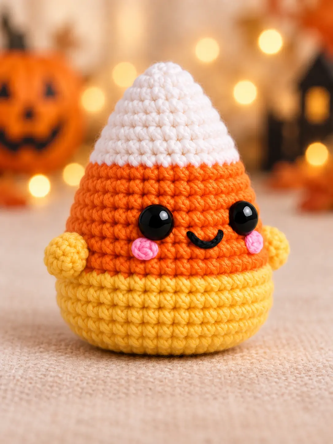 Three-quarter view of Cora Candy Corn Pal showing the rounded yellow base and small crochet arms