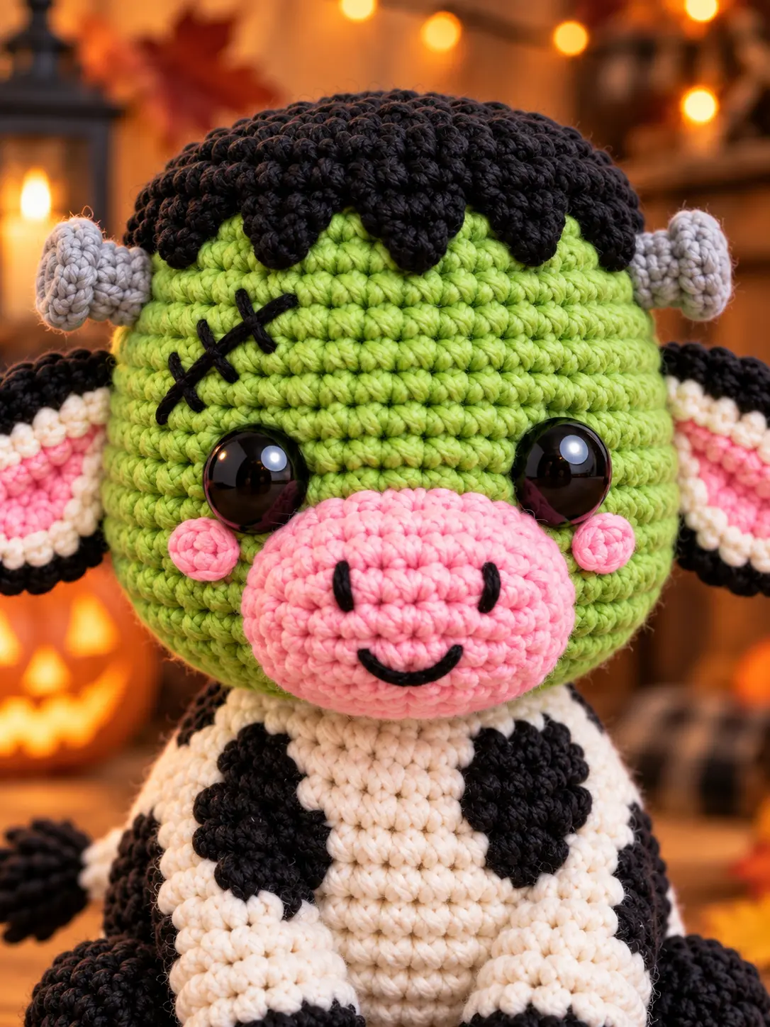 Close-up of Frankie Moo crochet face with pink muzzle, black scar, yarn hair and gray bolts