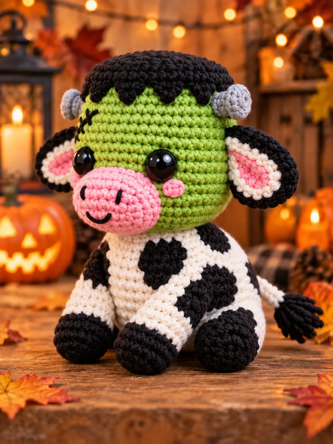 Three-quarter side view of Frankie Moo showing crochet cow spots, hooves and tail