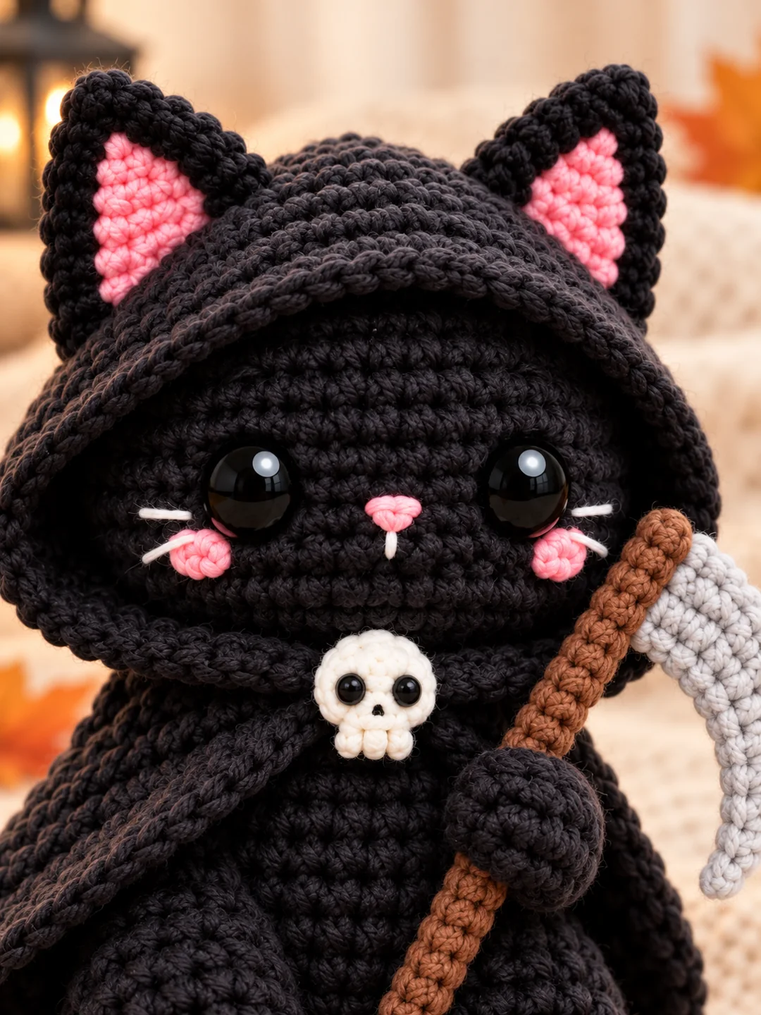 Close-up of Grim Reaper Kitty’s pink nose, white whiskers, pointed ears and tiny skull applique.