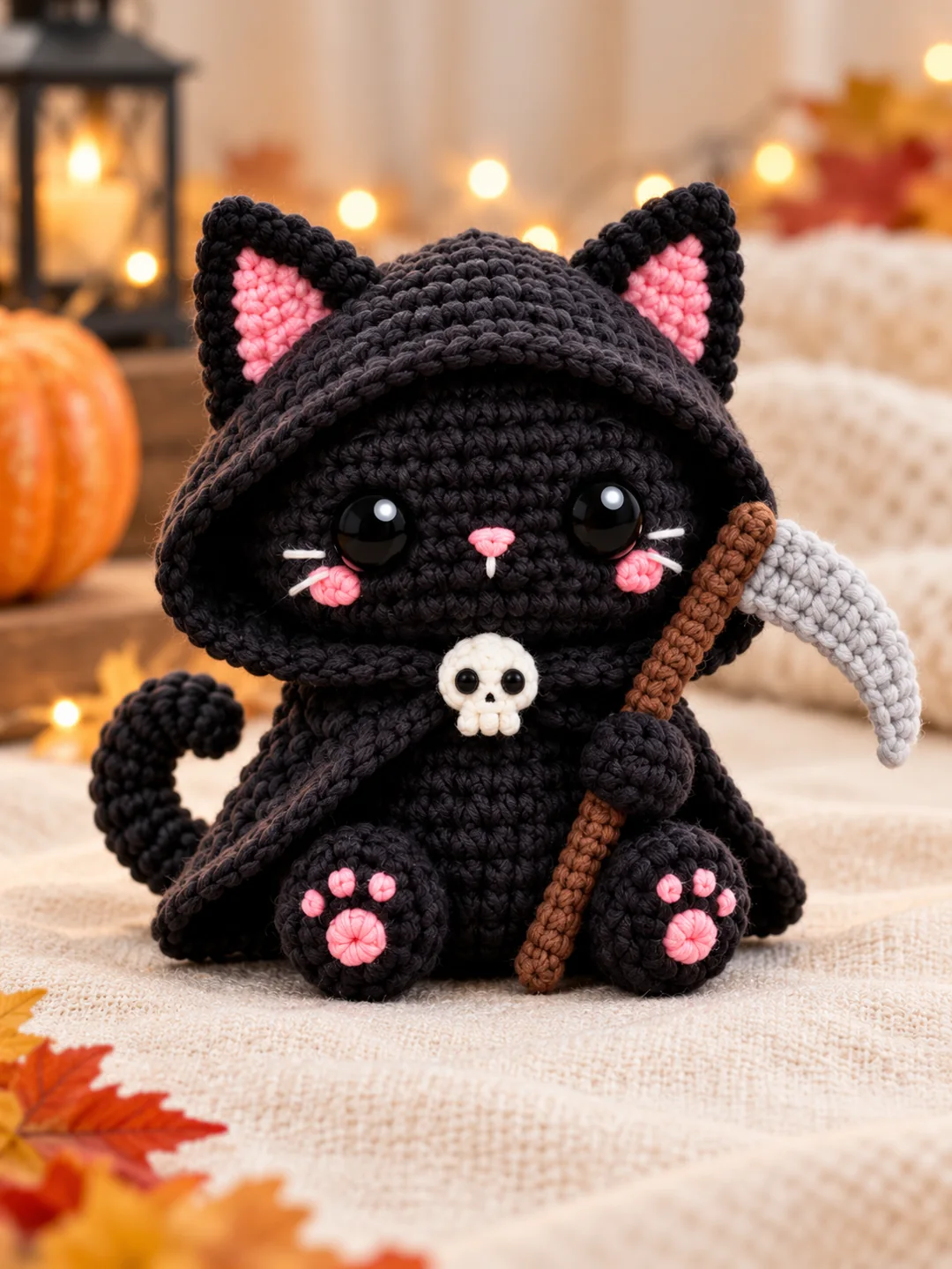 Black Grim Reaper Kitty crochet doll with pink paws, a hooded cape, skull charm and soft gray scythe.