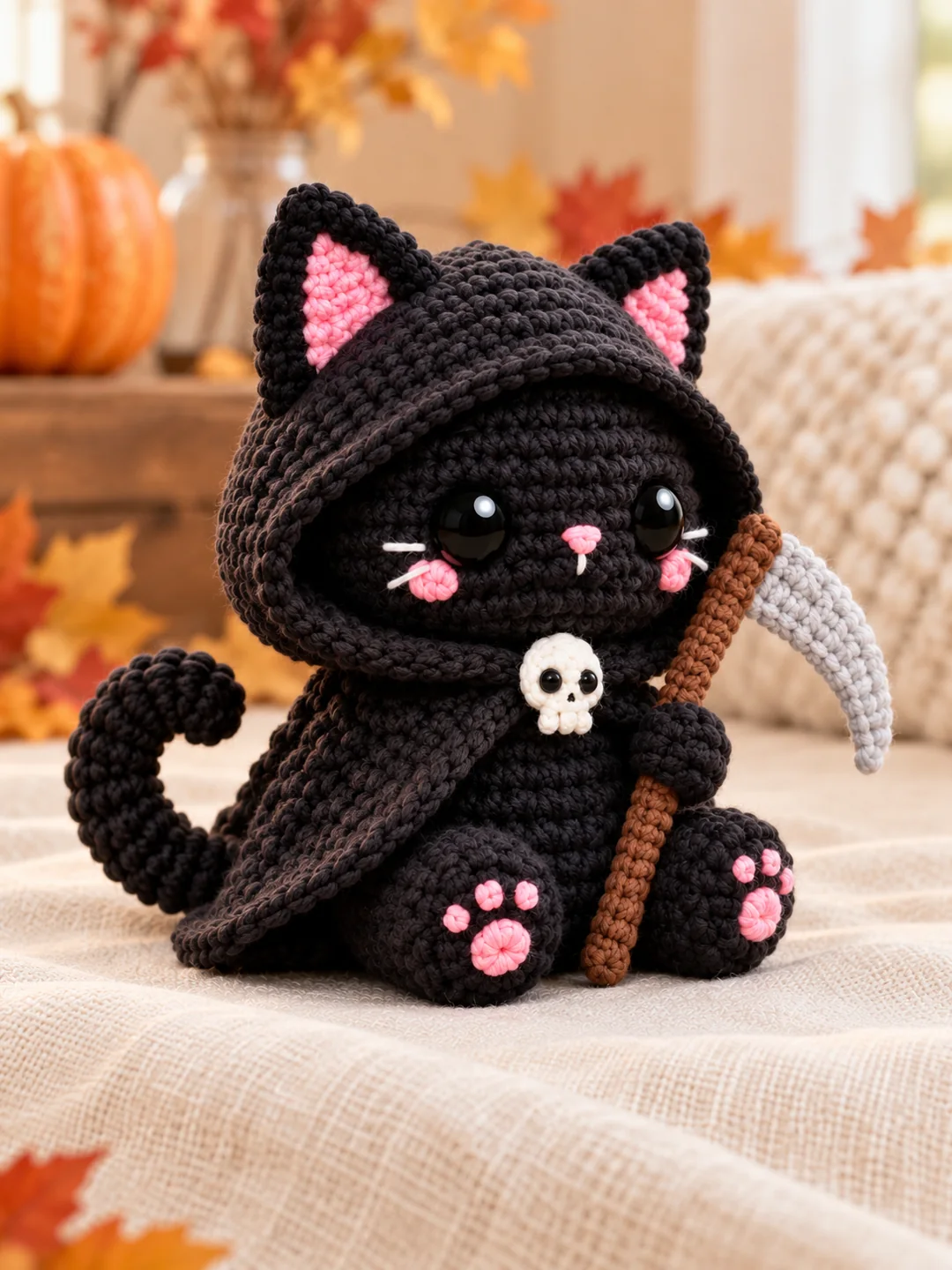 Three-quarter view of Grim Reaper Kitty showing its curled tail, draped black cape and pink paw pads.