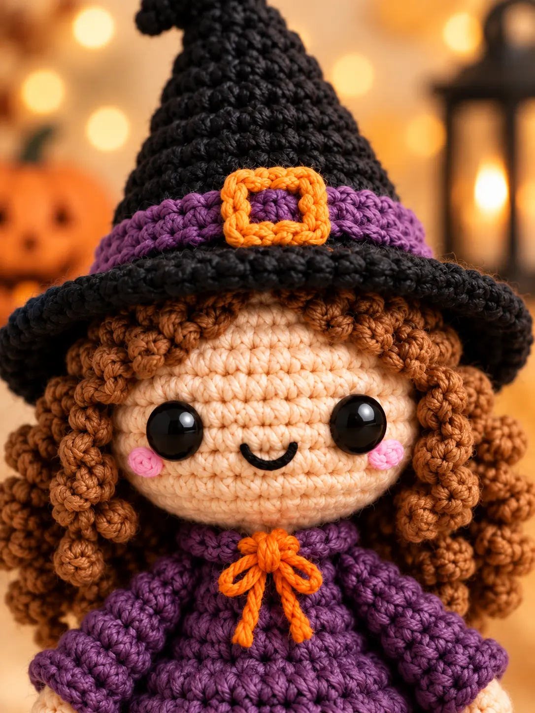 Close-up of Lila witch amigurumi showing glossy eyes, embroidered smile, pink cheeks, crochet curls, and hat buckle
