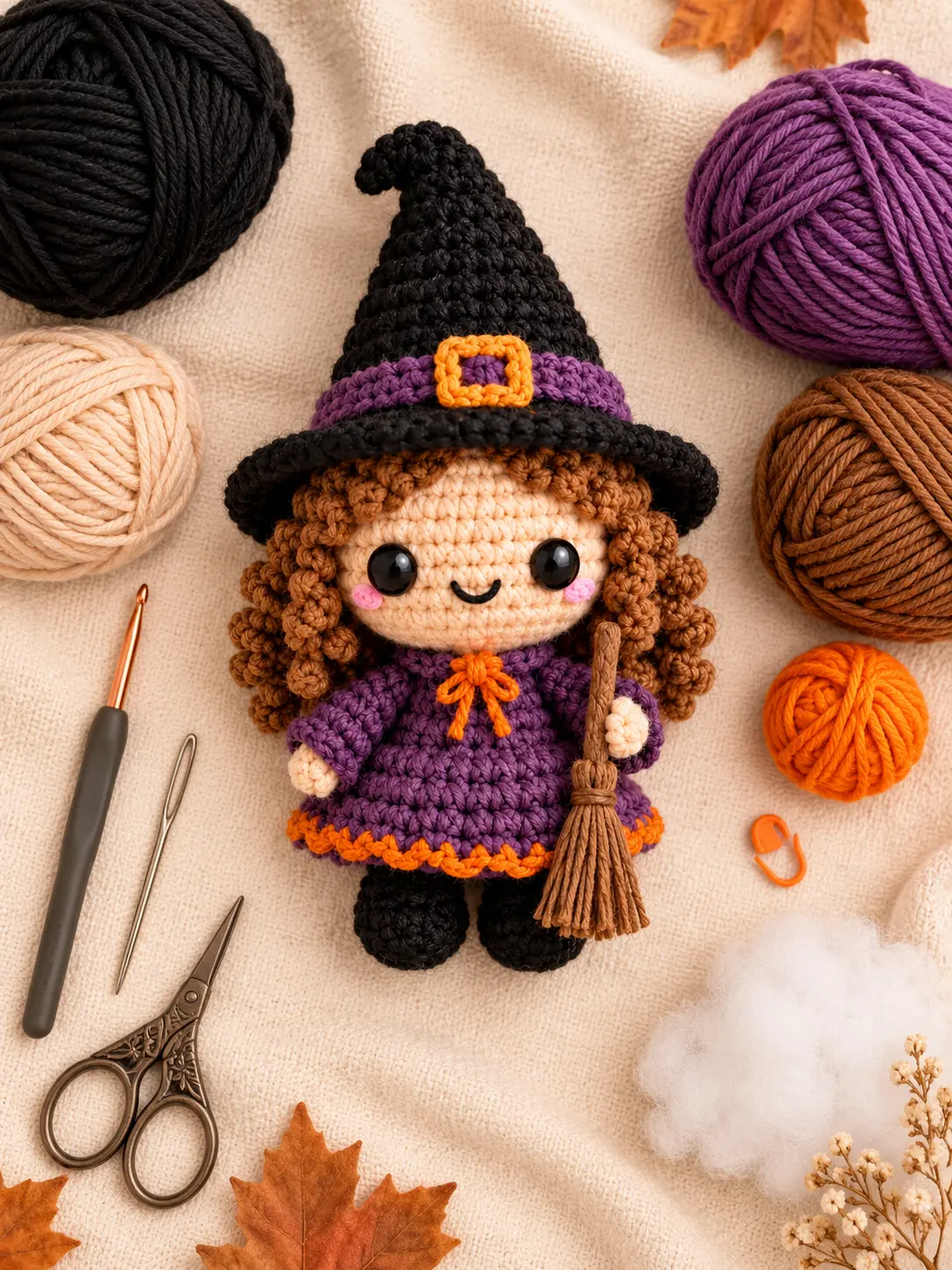 Overhead view of Lila Little Witch Buddy with black, purple, beige, brown, and orange yarn and crochet tools