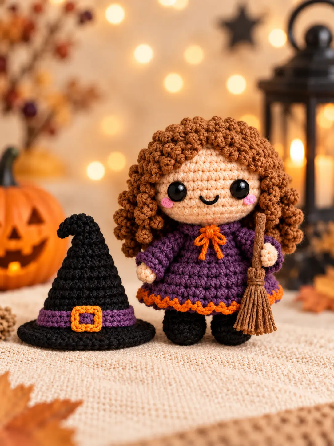 Lila witch amigurumi standing beside her removable black crochet hat with purple band and orange buckle
