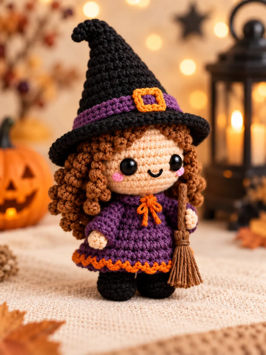 Three-quarter view of Lila the handmade witch amigurumi with curly brown hair and a tiny broom