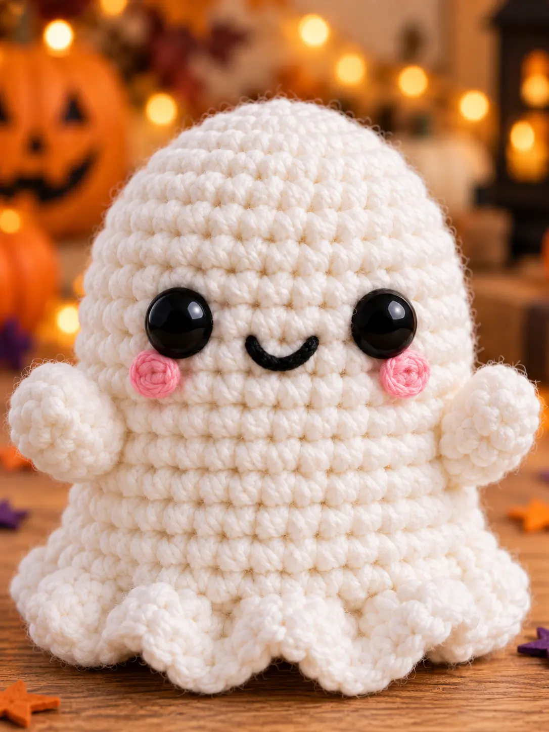 Close-up of Mallow crochet ghost face with black eyes, embroidered smile and pink spiral cheeks