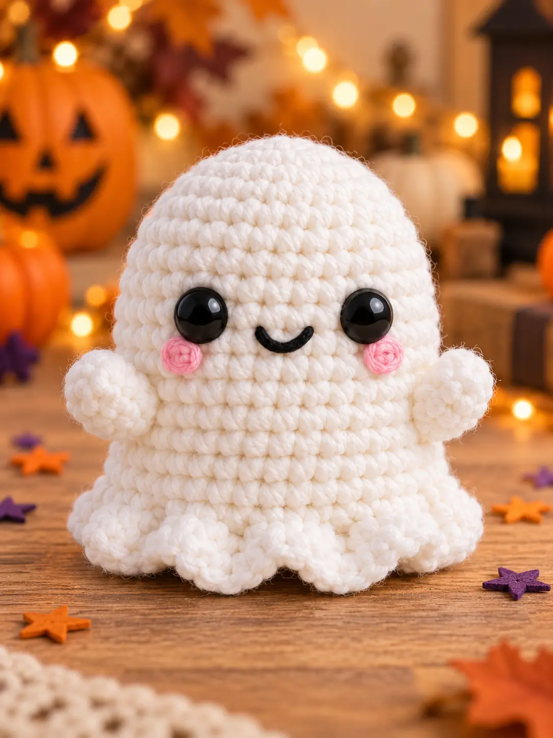 Mallow Little Ghost Buddy amigurumi with a white crochet body, raised arms, pink cheeks and six soft points