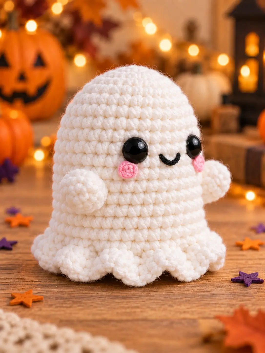 Three-quarter view of Mallow Little Ghost Buddy showing raised crochet arms and six scalloped points