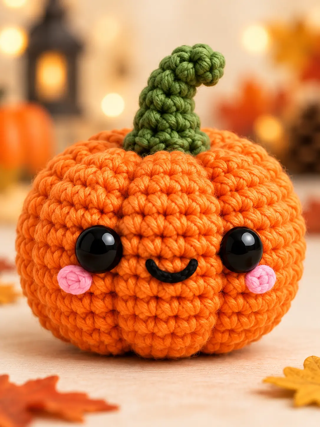 Close-up of Poppy Mini Pumpkin Buddy showing glossy eyes, a small black smile, pink crochet cheeks and orange stitch texture