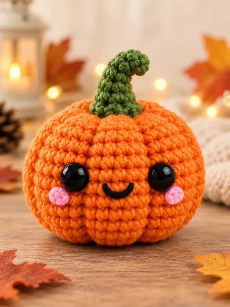 Poppy Mini Pumpkin Buddy amigurumi with a round orange body, six shaped grooves, pink cheeks and a curved green stem