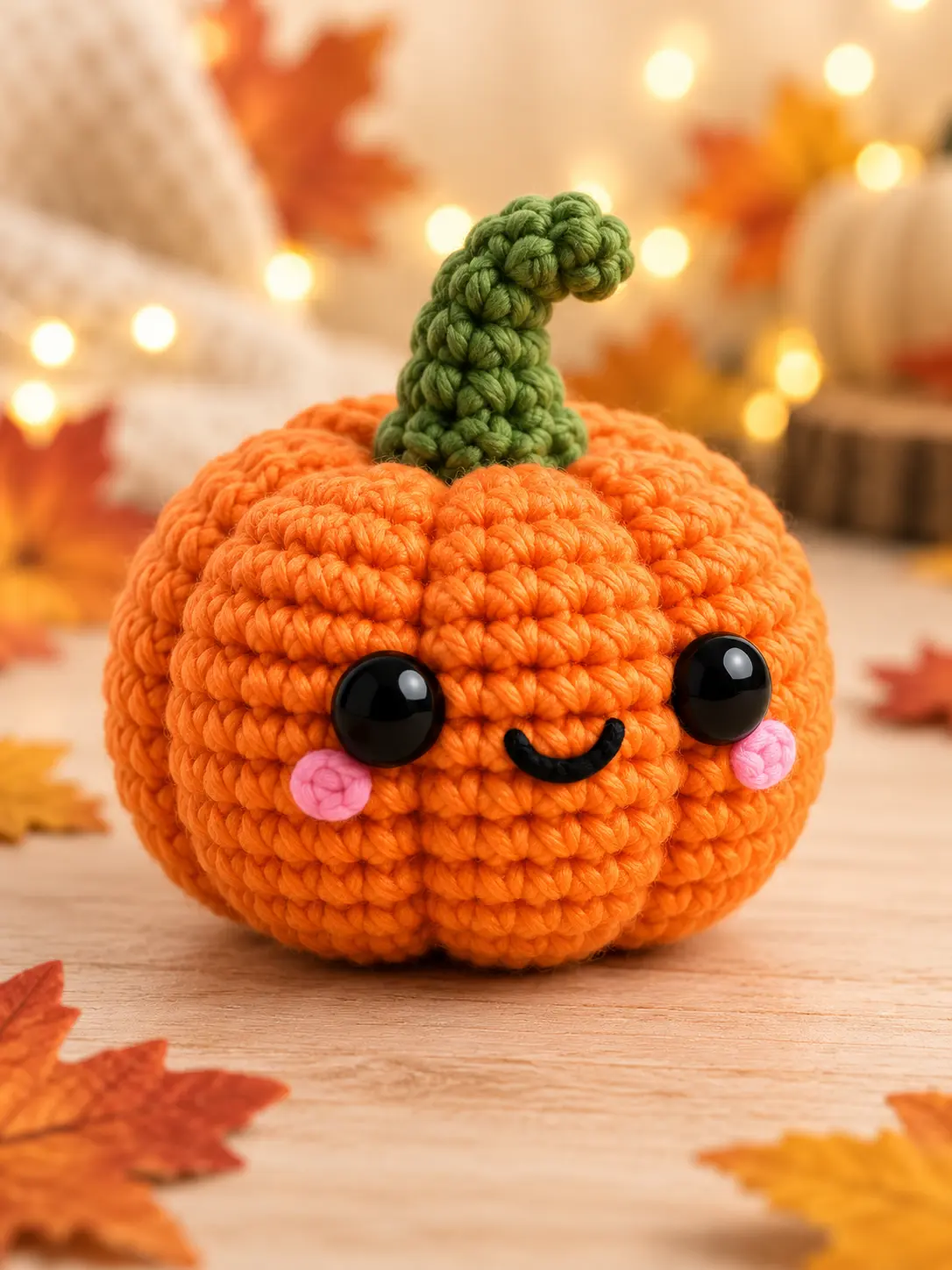 Three-quarter view of Poppy the crochet pumpkin showing six deep yarn-sculpted grooves and a curved green stem