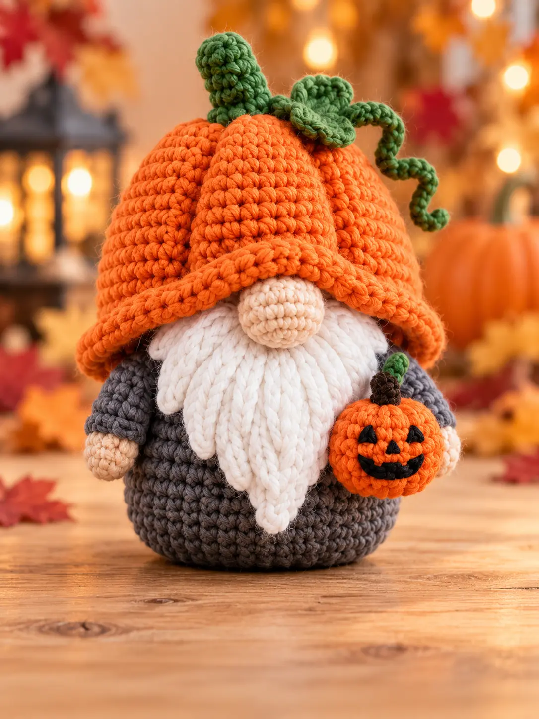 Finished pumpkin gnome amigurumi with an orange crochet hat, white beard, gray body, and small jack-o-lantern.