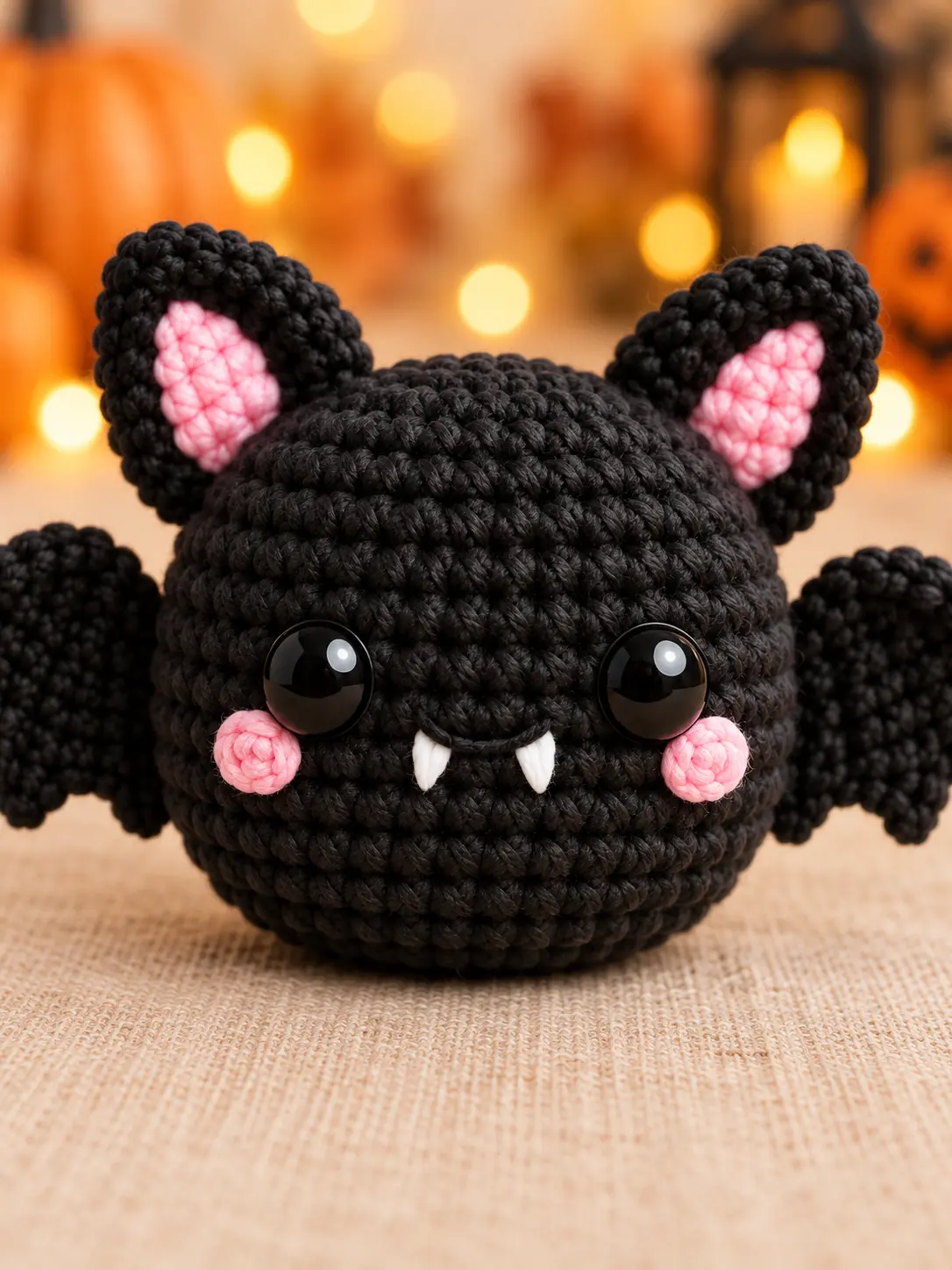 Close-up of Benny crochet bat face with glossy eyes, pink cheeks, pink inner ears and two white fangs