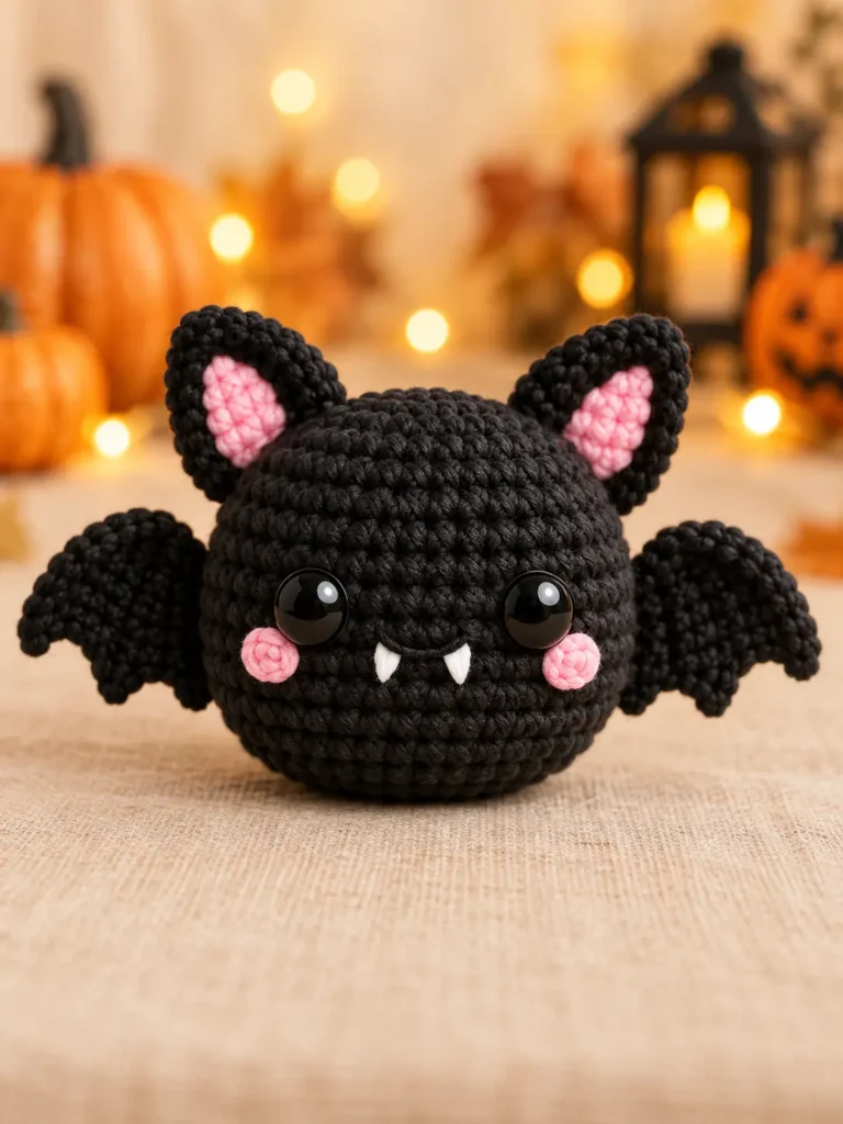 Benny Tiny Bat Buddy amigurumi with a round black body, pink inner ears, scalloped wings and two white fangs