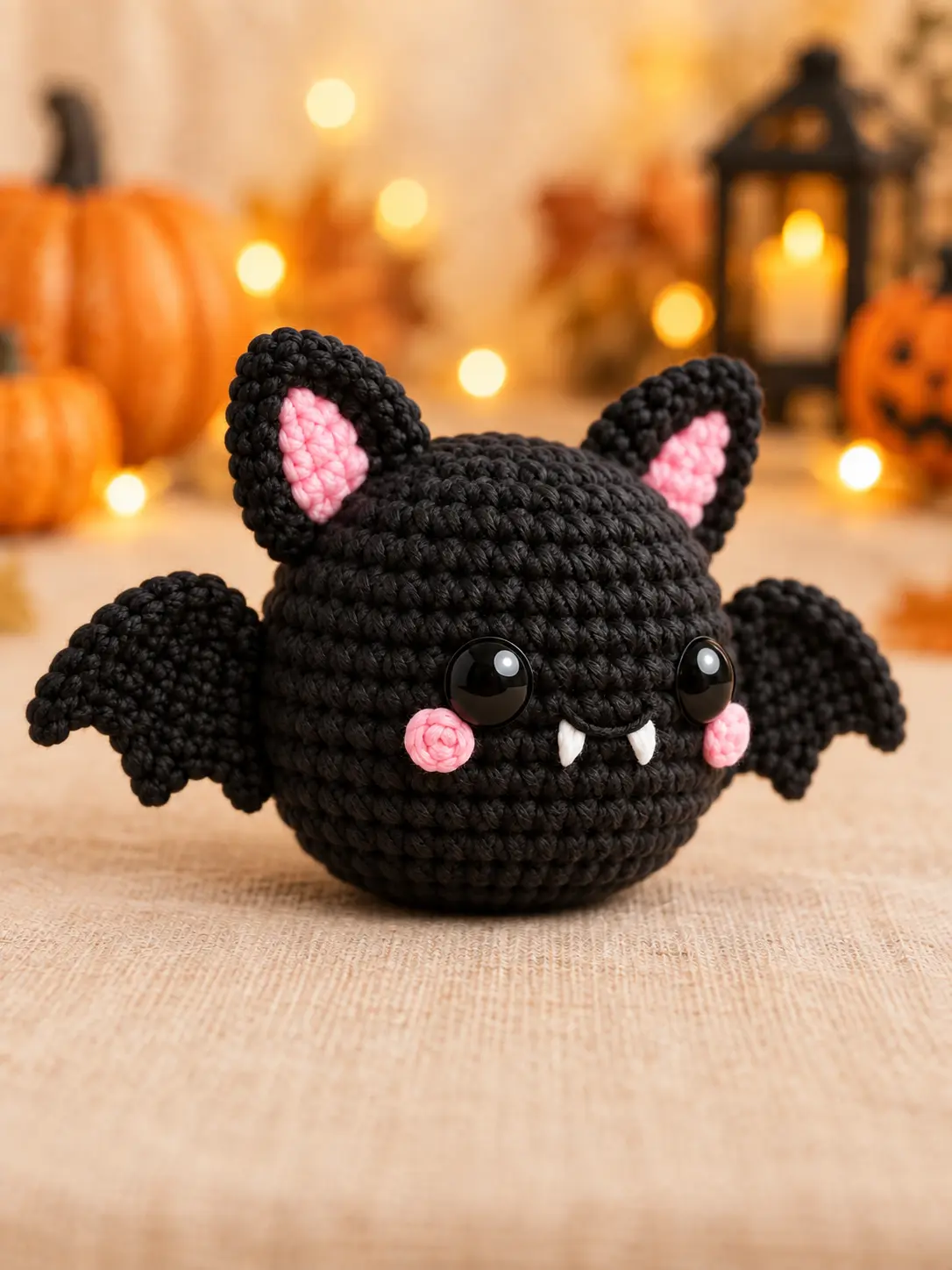 Three-quarter view of Benny Tiny Bat Buddy showing the round crochet body, pointed ears and raised wings